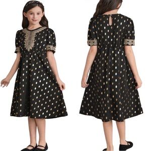 Tween Girls' Dress With Gold Foil Print And Woven Ribbon Patchwork